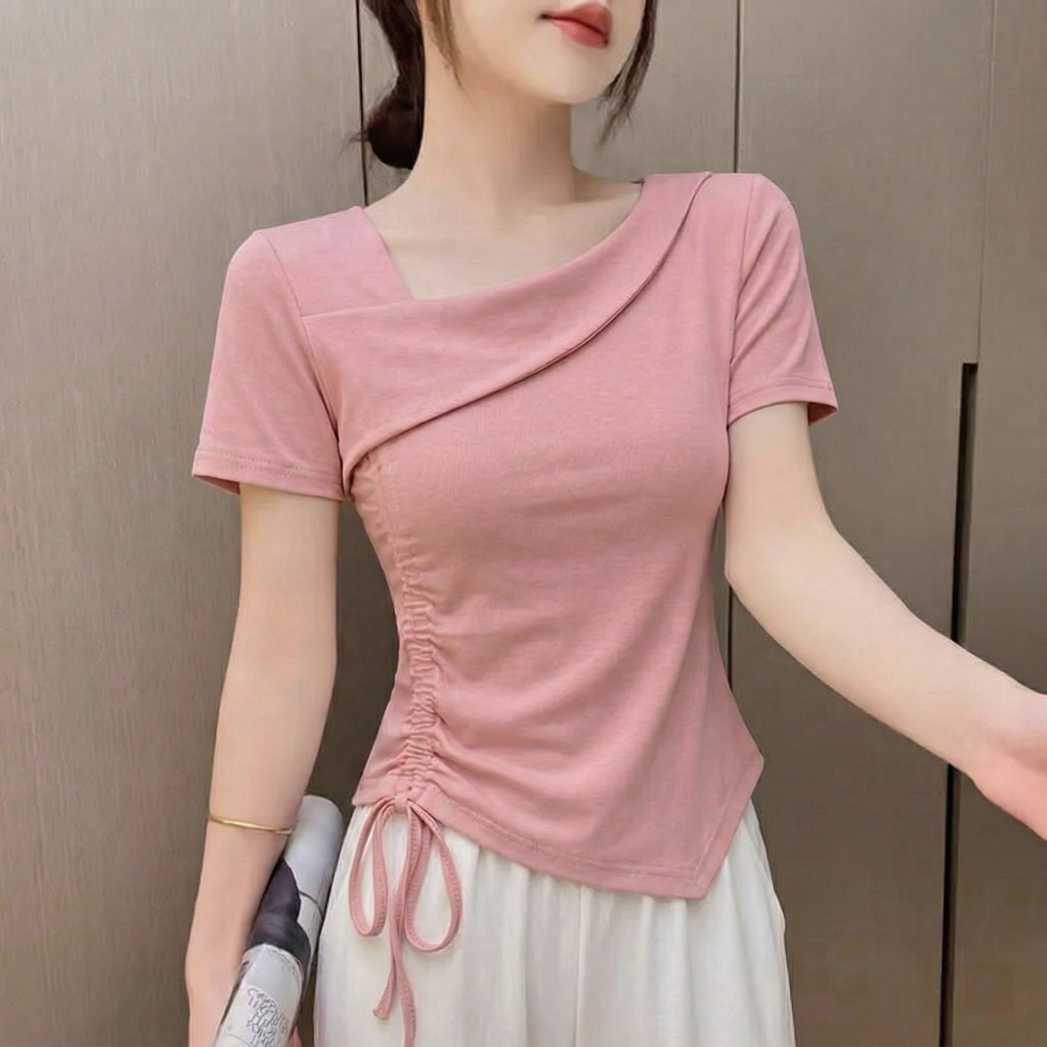 不规则抽绳设计感短袖t恤女士宽T恤
