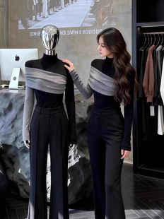 显瘦上衣 内搭打底衫 韩系撞色两穿长袖 T恤女秋冬高级感半高领修身