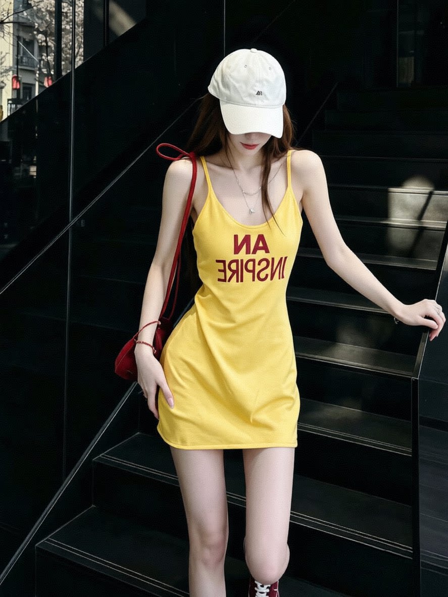 辣妹字母印花吊带连衣裙女夏季黄色外穿设计小众裙子修身显瘦短裙