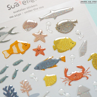 韩国suatelier海洋动物海星鱼虾蟹手帐日记装饰diy贴纸画滴胶防水