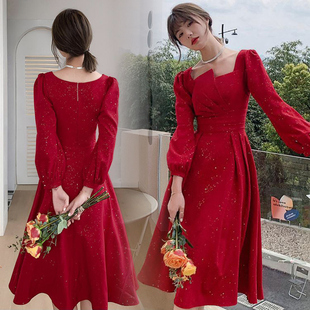 伴娘小红裙订婚团购晚礼服女2024新款 敬酒服新娘回门便装 春秋长袖