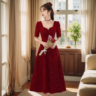 敬酒服新娘喜气红色订婚宴会小个子连衣裙高级感回门便装 晚礼服夏