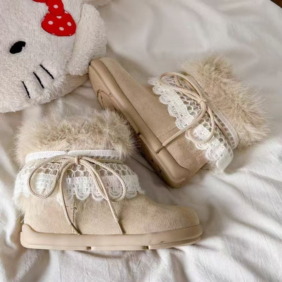 时尚洋气蕾丝绑带皮毛一体雪地靴女2025秋冬新款加绒毛毛保暖棉鞋