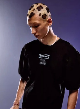 ROCKSTA “GHETTO SOLIDER”系列黑白双色宽松贴布短袖T恤