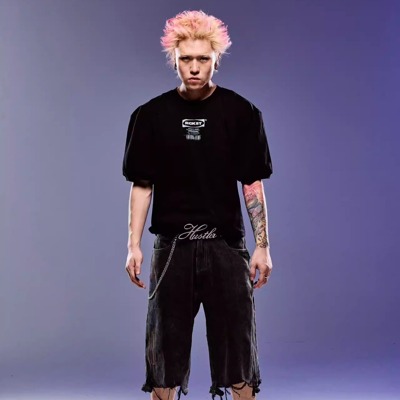 ROCKSTA “GHETTO SOLIDER”系列牛仔水洗印花铆钉牛仔裤