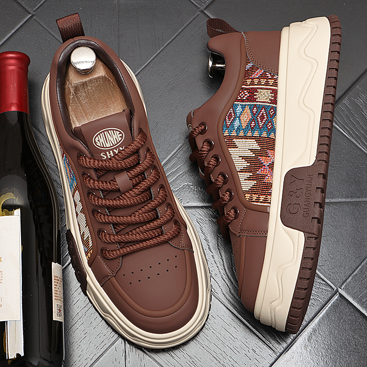 民族风潮流厚底休闲男鞋时尚拼色韩版系带板鞋男士百搭内增高鞋子