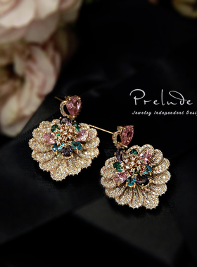 Prelude|原创法式巴洛克轻奢复古彩色宝石贝壳心形花小众耳环耳夹