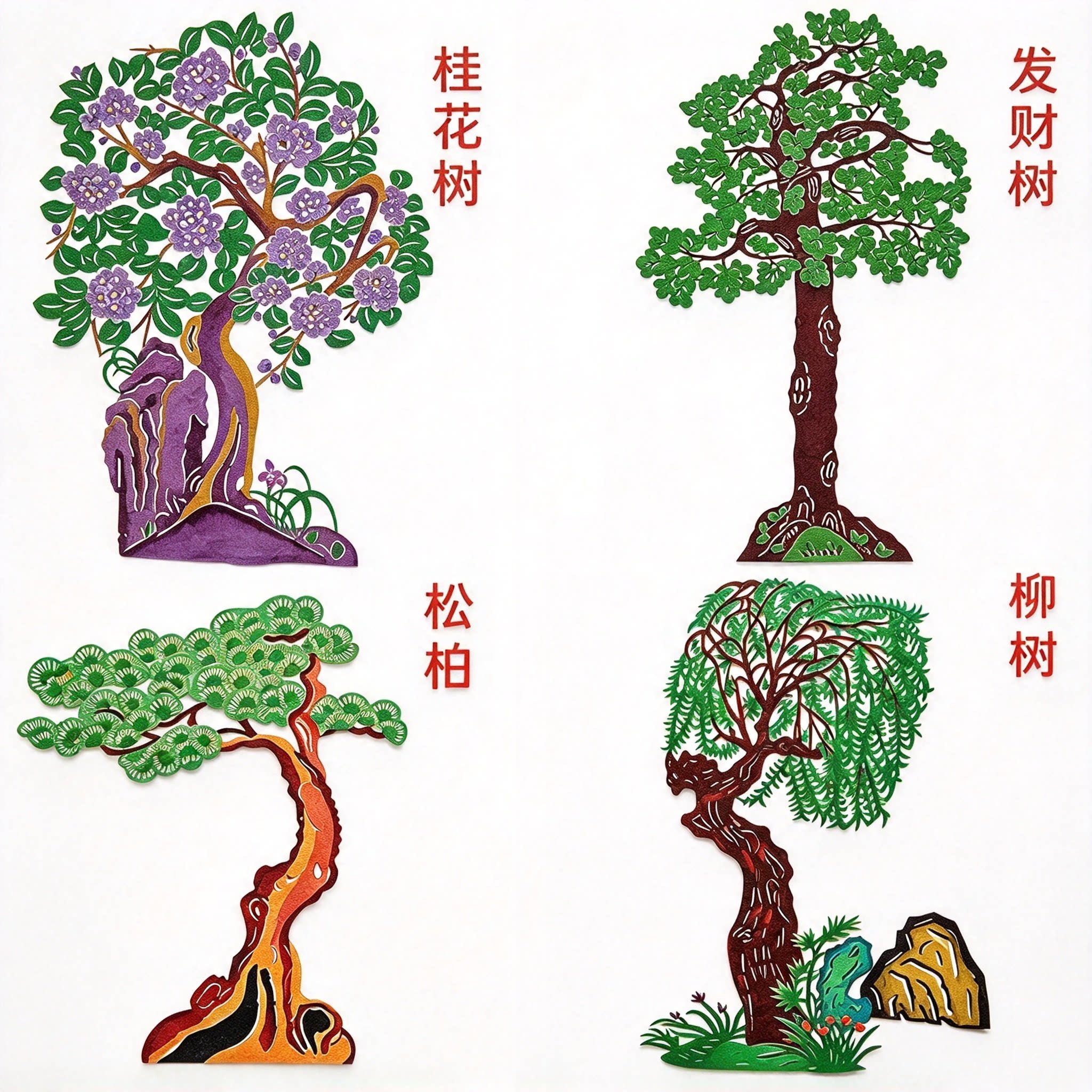 梅兰竹菊绿色大树桌椅草地皮影戏