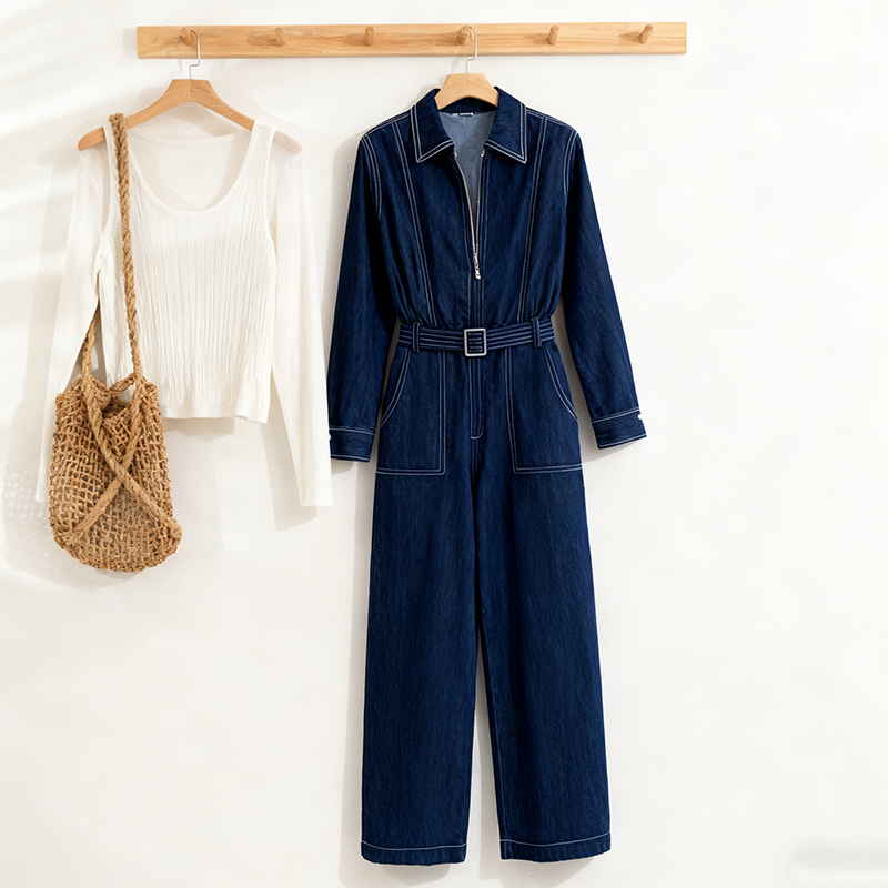 复古高街风收腰牛仔连体裤女