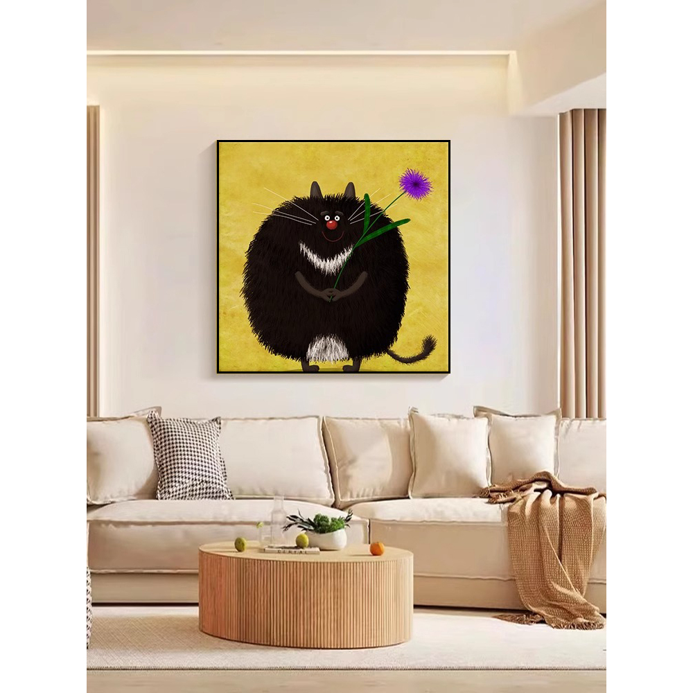 奶油风黑色小猫客厅装饰画可爱卡通猫咪儿童房玄关餐厅背景墙挂画图片