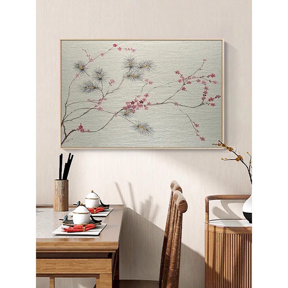 侘寂风梅花入户玄关装饰画客厅抽象红色花卉肌理画国风背景墙挂画