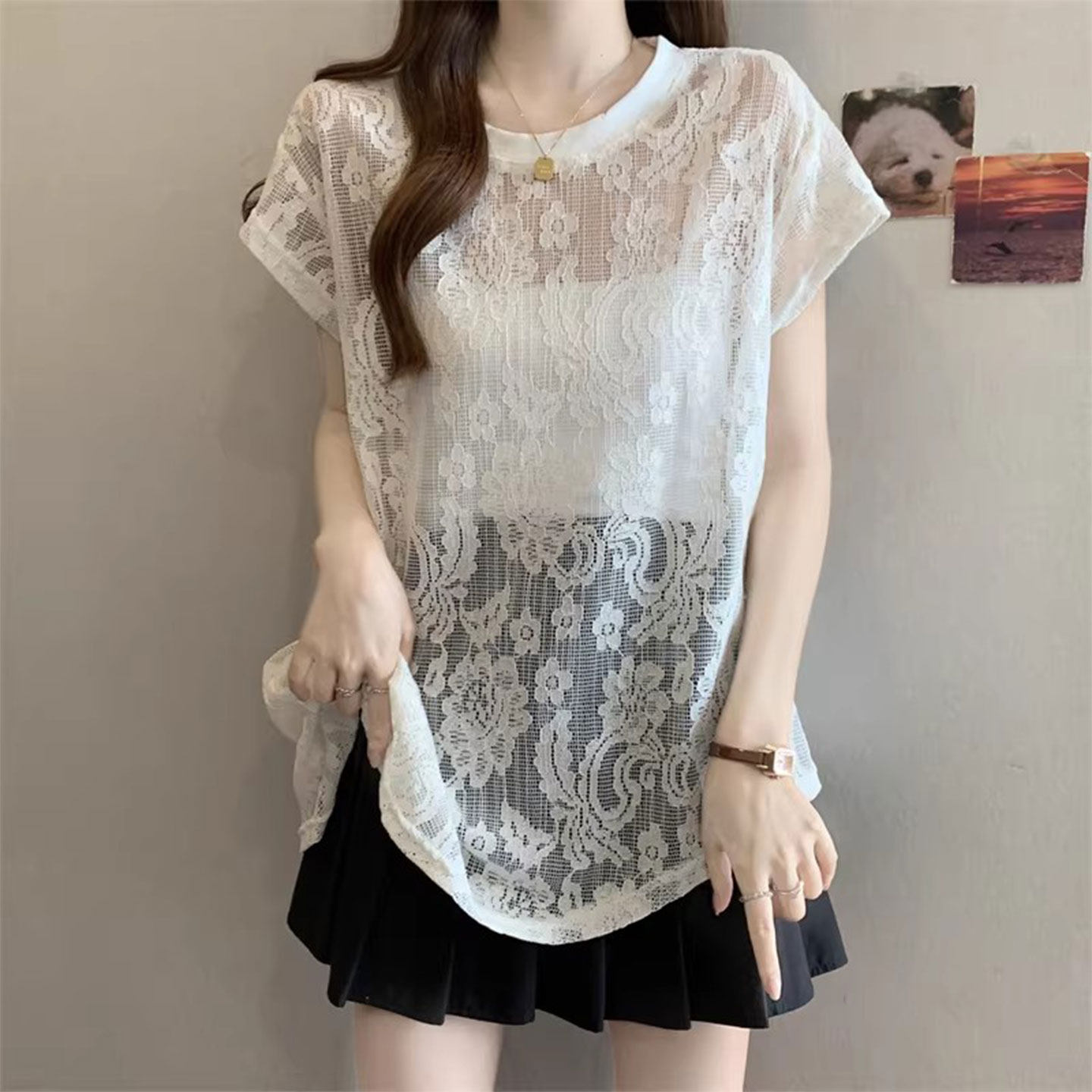 蕾丝刺绣镂空正肩短袖T恤女2026夏季大码胖mm外搭罩衫不规则上衣