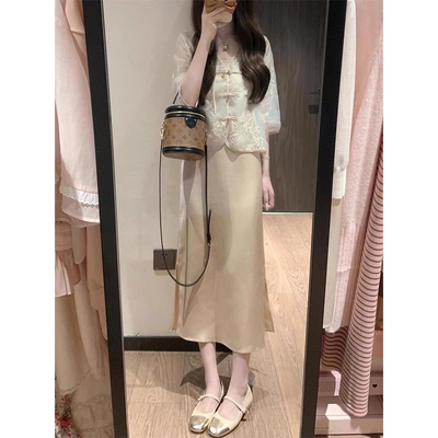 大码胖mm夏季新中式国风醋酸缎面吊带连衣裙绝美衬衫两件套装女