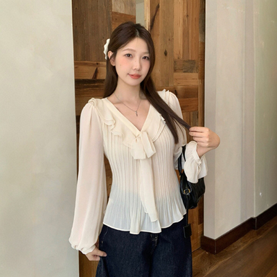 荷叶边V领长袖雪纺衬衫女2026夏季大码胖mm显瘦法式短款上衣爆款
