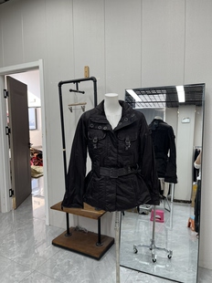 棕色棉服秋冬款腰带设计显瘦潮酷机车服高级复古保暖