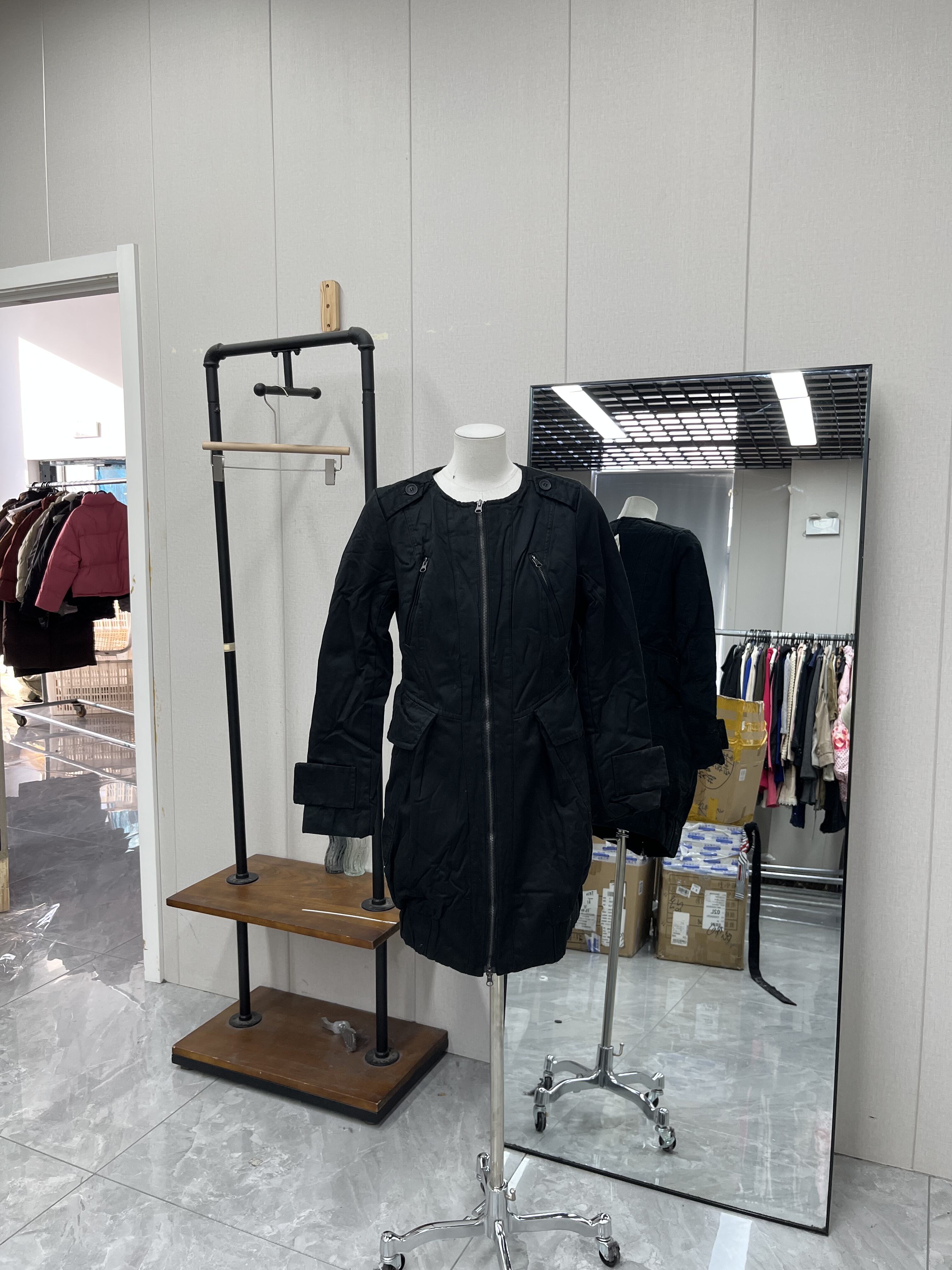 高级中长款棉服外套无领设计显瘦百搭保暖拉链工装