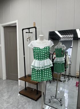 绿色格子时尚连体裤短裤雪纺设计清爽甜美夏季减龄
