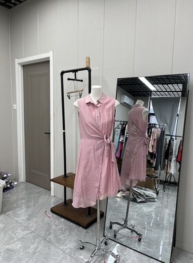 复古风粉色系修身无袖衬衫领连衣裙夏季通勤百搭