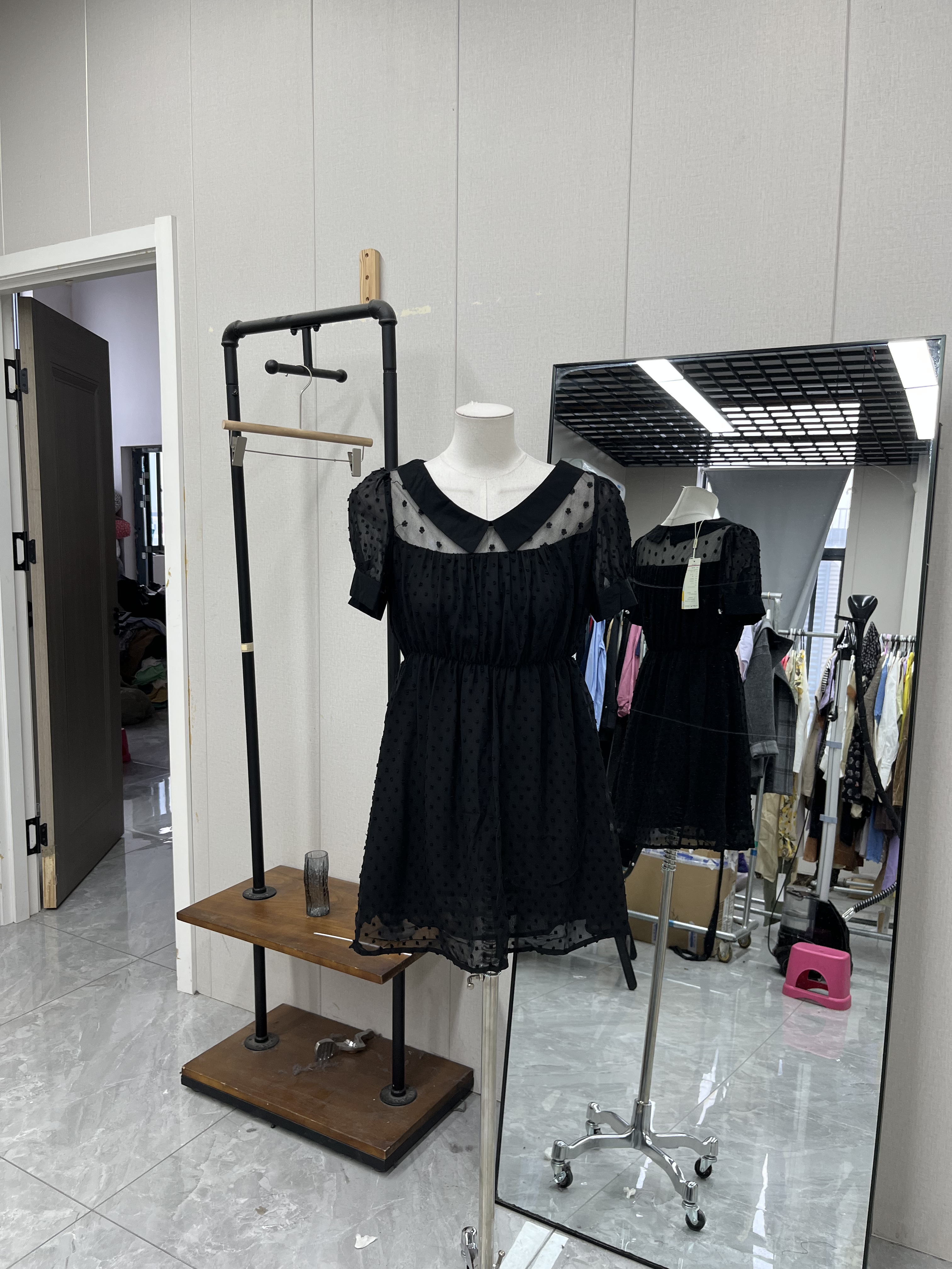 高品质雪纺娃娃领短袖衬衫连衣裙百搭甜美松紧腰款