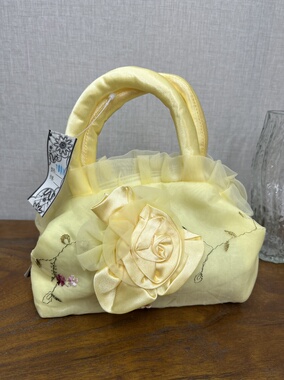复古黄色刺绣立体花手提包女款甜美公主风小方包春夏款