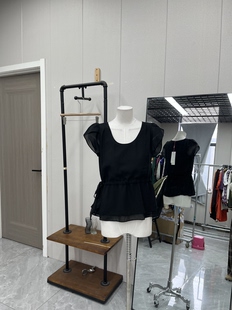 亲肤 百搭甜美收腰设计显瘦夏季 黑色雪纺短袖 小衫