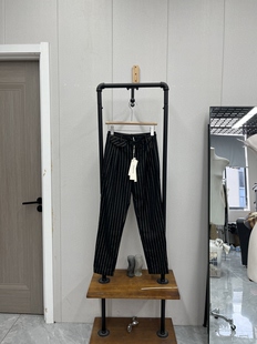竖条纹高腰百搭春夏款 黑色气质通勤显瘦简约 休闲裤