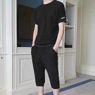 新款夏季男装冰丝运动套装短袖t恤男韩版七分裤男生夏装两件套男
