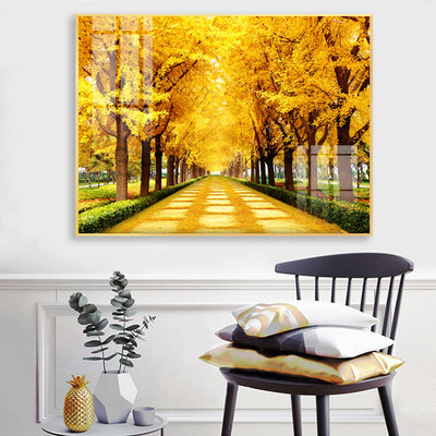 暖色系时尚风景横版挂画黄金大道轻奢风格墙面装饰画枫林花海壁画