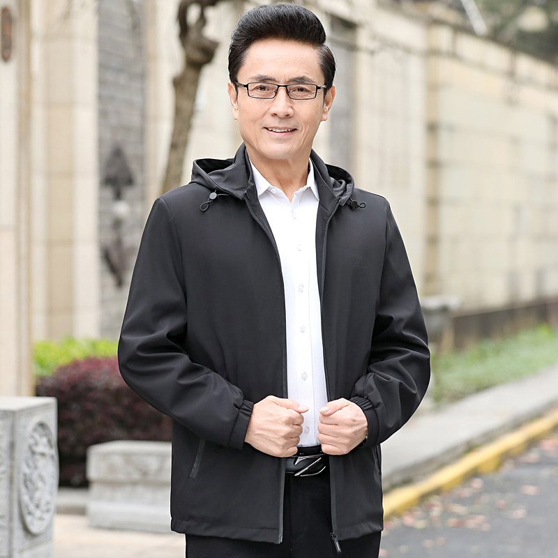 爸爸春秋款外套连帽夹克衫中老年人男士休闲上衣秋装薄款中年男装