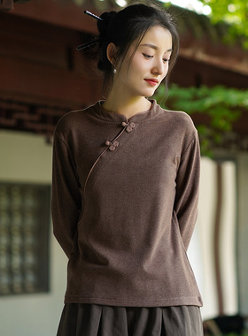 秋冬新中式双面德绒打底衫女外穿内搭保暖上衣中国风复古长袖T恤