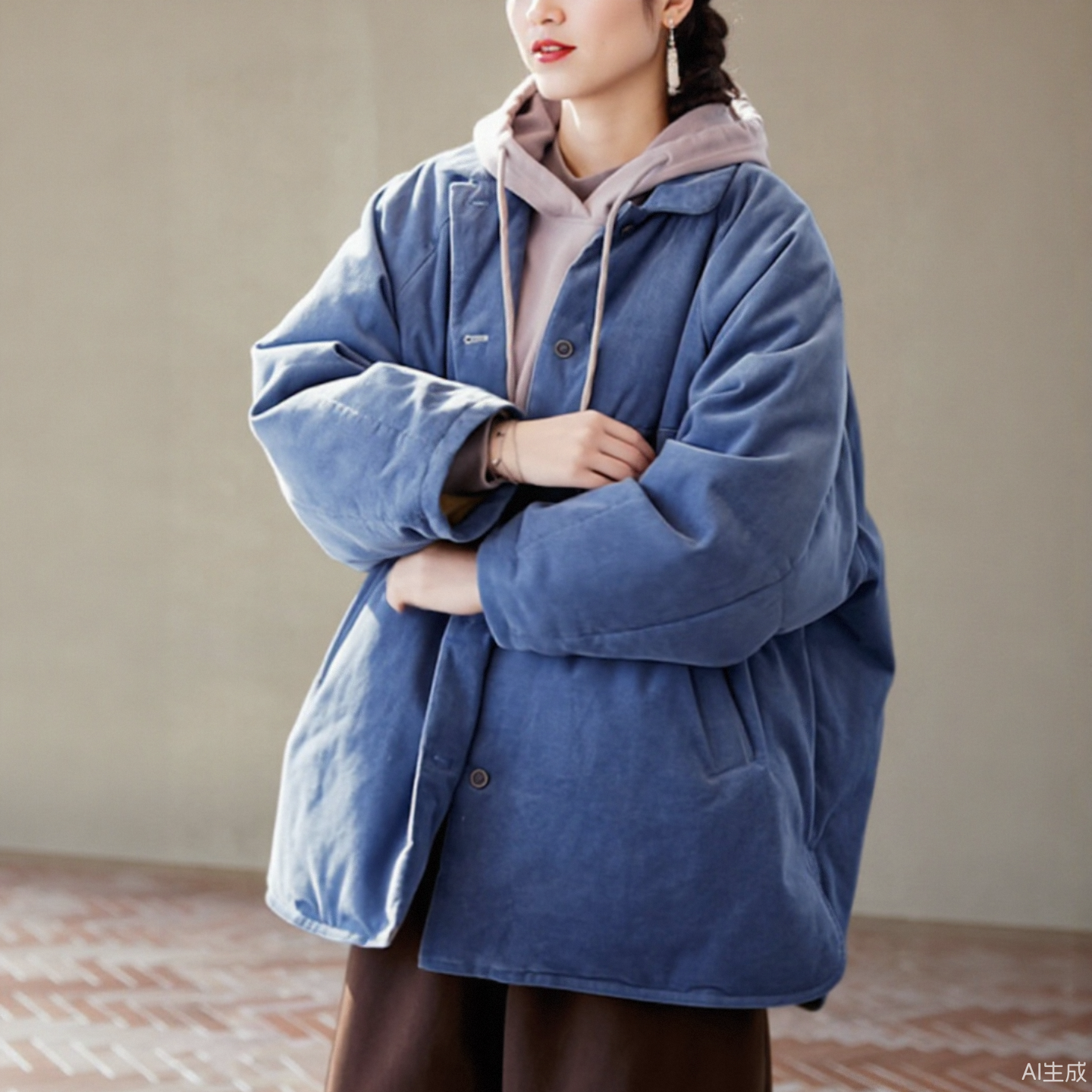 秋冬加棉蓝色棉衣保暖宽松翻领