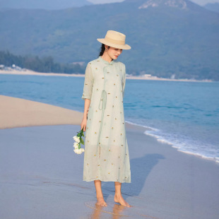 新款 文艺中袖 苎麻刺绣长款 女士立领开叉中式 旗袍 连衣裙 2026夏季