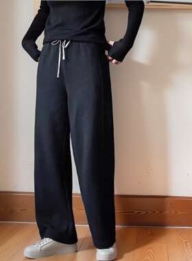 秋冬新品黑色抓绒运动抽绳直筒裤女秋冬加绒宽松休闲裤