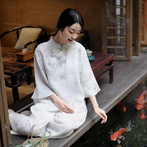 新中式女装苎麻印花复古上衣女夏季新款中国风盘扣斜襟印花t恤