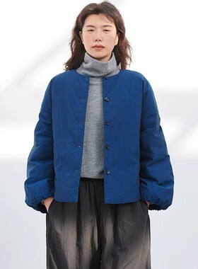 高支数纯棉海蓝色单排扣薄款宽松棉服文艺短保暖棉衣女外套
