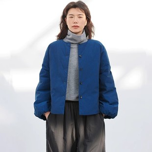 高支数纯棉海蓝色单排扣薄款宽松棉服文艺短保暖棉衣女外套