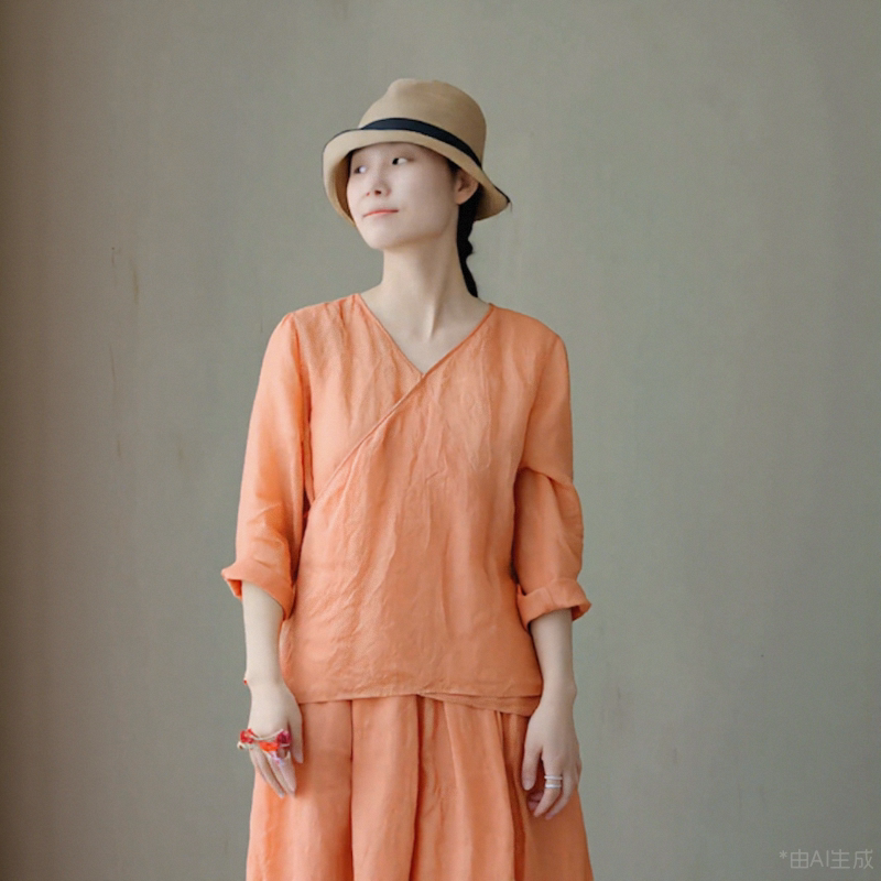 新中式夏款轻薄细支骨感苎麻禅意V领极简透气小衫宽松灯笼裤套装