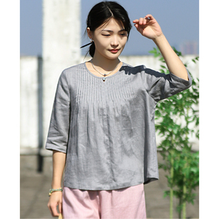 2026夏季新款纯亚麻显瘦宽松身衬衫文艺休闲小众设计打条套头上衣
