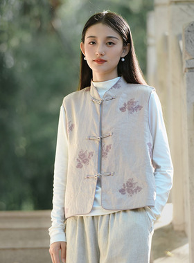 新中式印花亚麻马甲女 春秋季新款外穿中国风复古立领绣花背心