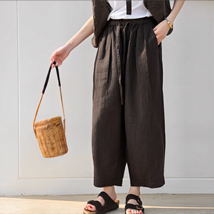 亚麻斜纹牛仔布垂感直筒裤 春秋新品 女 檀棕色文艺显瘦九分萝卜裤