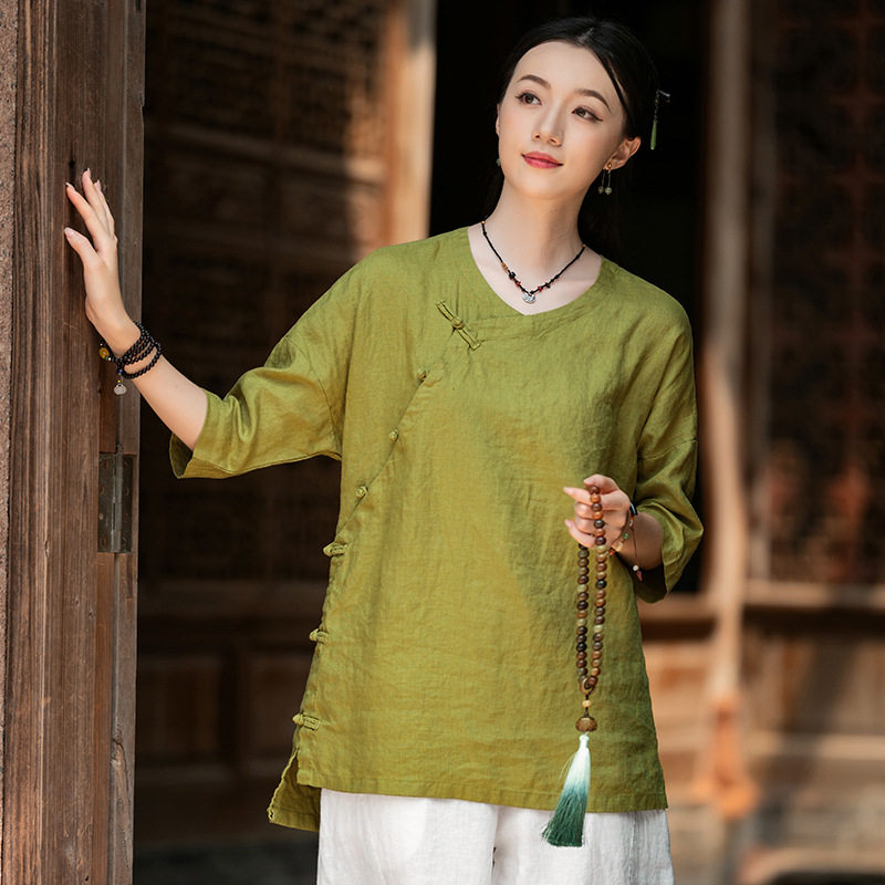 25夏季新款默念依旧复古中式上衣亚麻轻薄衬衫国风斜襟盘扣禅茶服