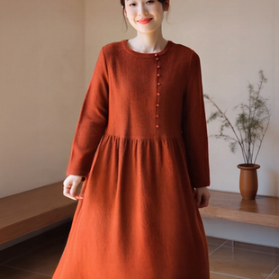 2025秋冬季新款澳洲进口羊毛呢高端羊毛文艺复古连衣裙中长款裙子