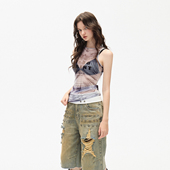 宽松破洞六分裤 五角星撞钉复古做旧牛仔短裤 SAINT AE30