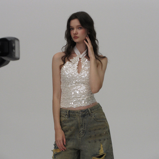 纽结绑带拼接挂脖修身 亮片镂空结构上衣 约会背心 SAIN AE30