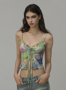 AE30 Saint 花卉全印吊带 木耳边镂空绑带背心