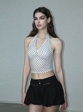 AE30 Saint 爱心黑白波点挂脖 修身拼接显瘦度假背心上衣