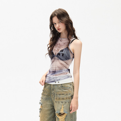 AE30 SAINT 经典回归 透视机甲印花工字背心  超薄网纱修身吊带