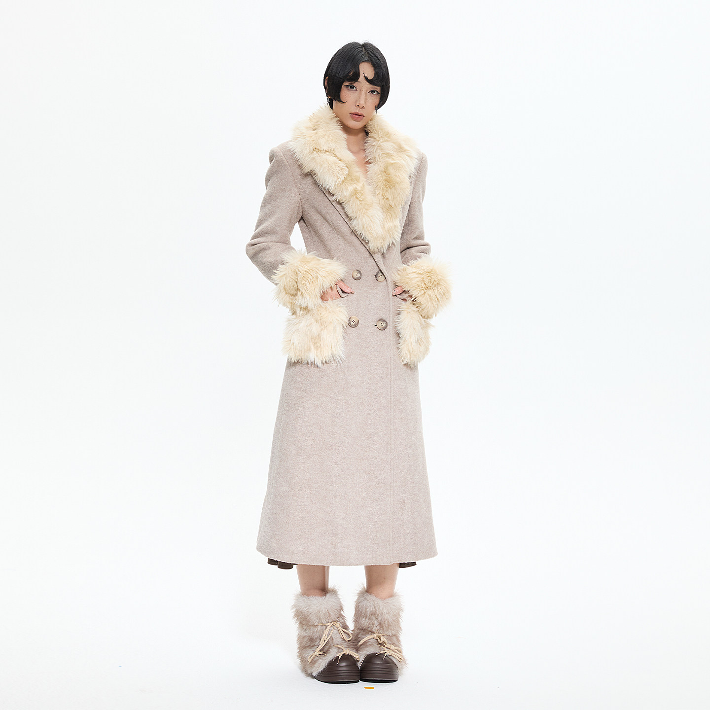 AE30 Saint 双排扣收腰羊毛呢子大衣 毛毛可拆卸保暖长款外套,女装/女士精品,毛呢外套,淘宝优惠券,粉丝福利购,淘宝优惠卷