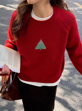 圣诞树提花氛围感红色套头毛衣女宽松秋冬新款百搭减龄针织衫上衣