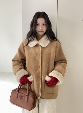 【北海道雪域】歌铭复古单排扣翻领加厚羊羔毛外套女装冬季N834C